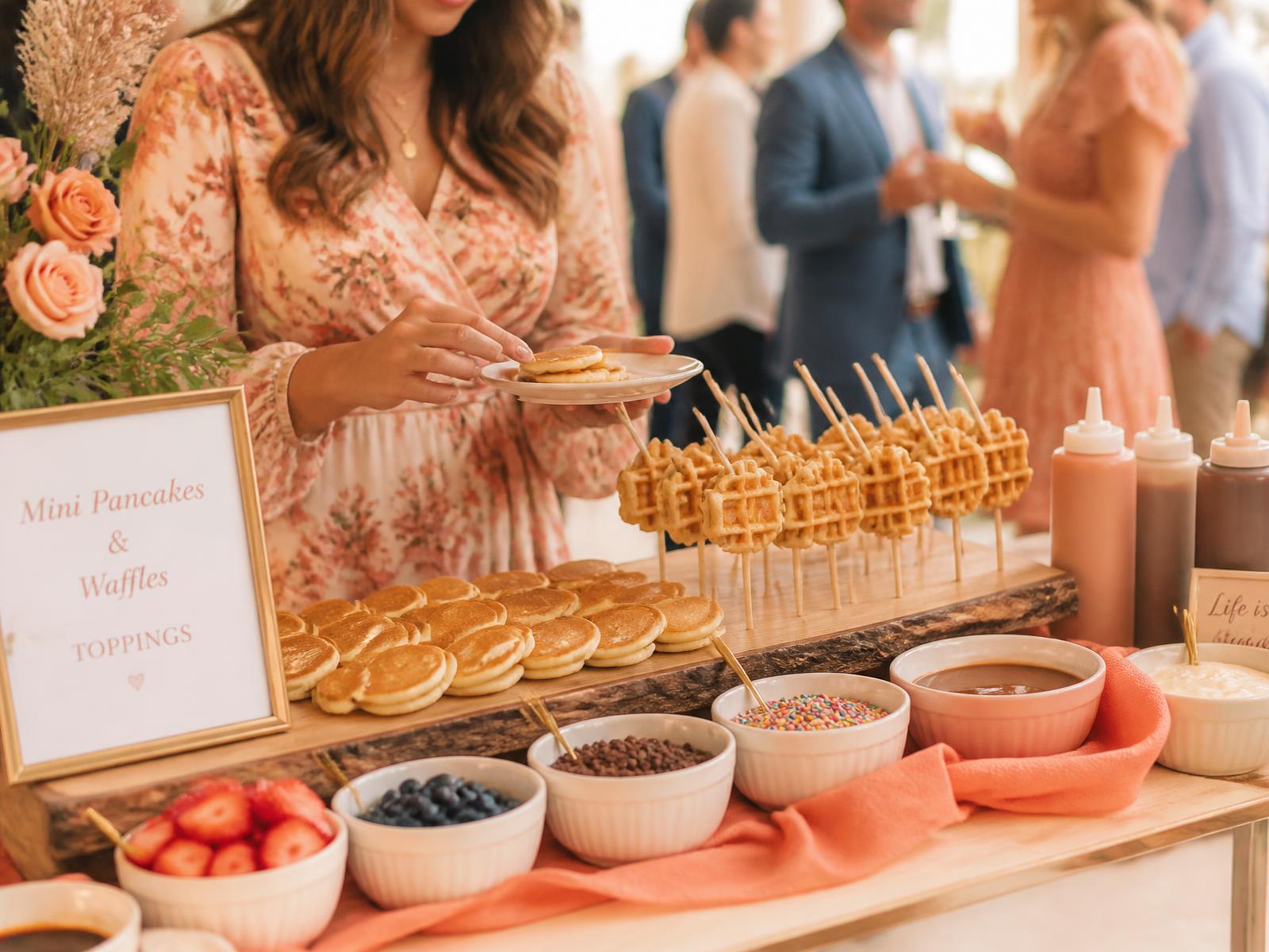 A styled live dessert station with mini pancakes, waffles-on-a-stick, and colorful toppings served to guests